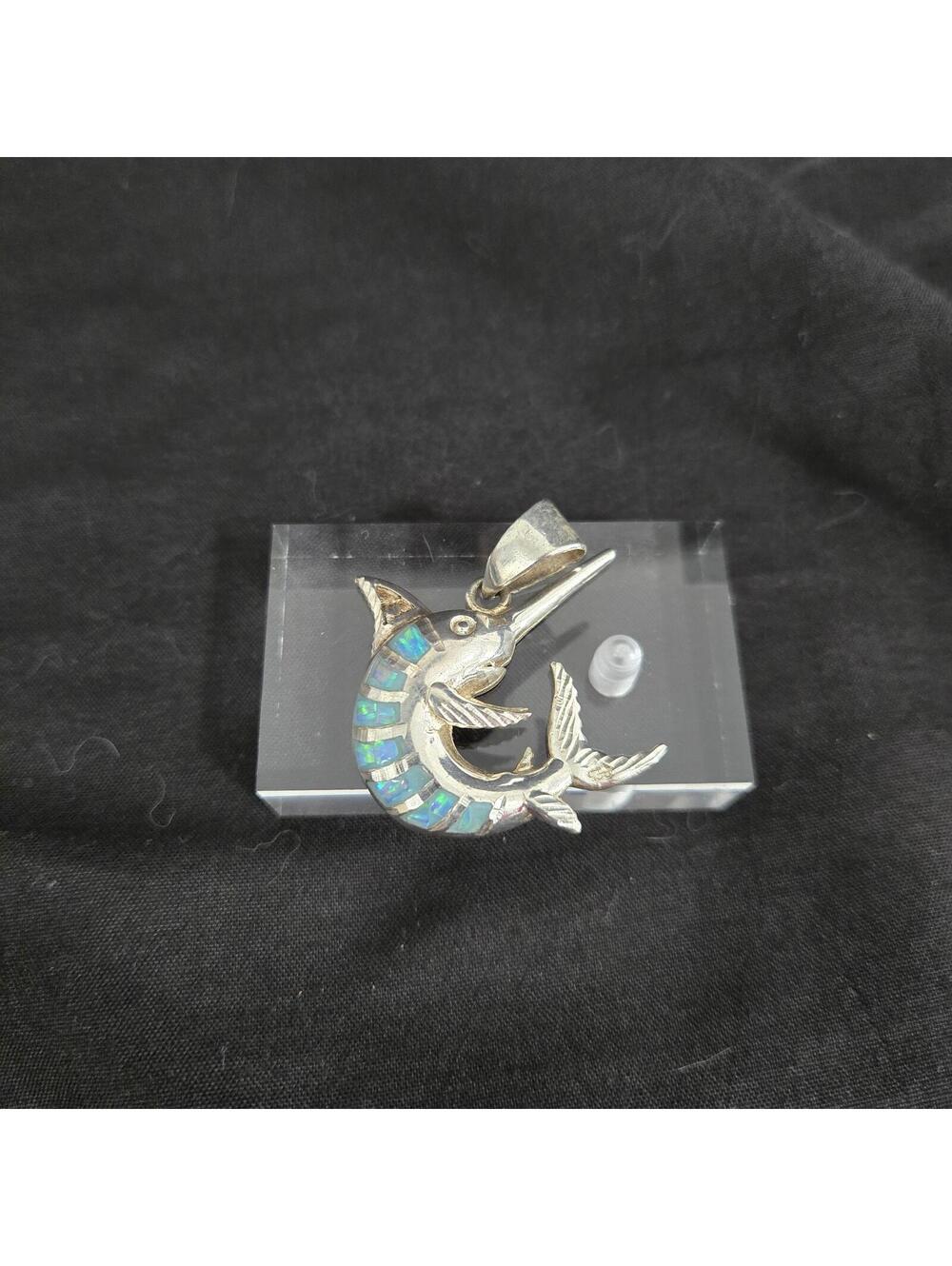 Vintage Sterling Silver Marlin Pendant Opal Inlay Fish Swordfish Necklace